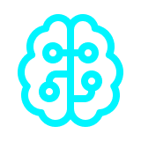 Cyan brain icon with circuit-style nodes representing AI and intelligent technology.